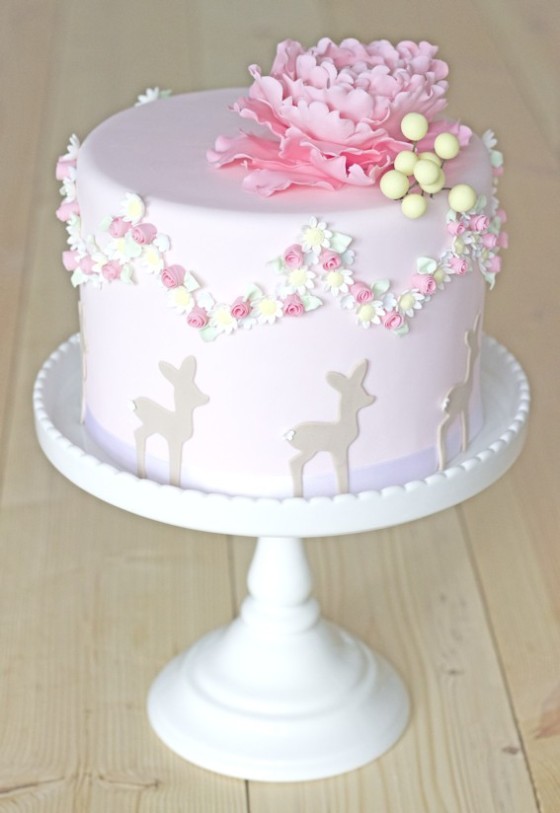 cake with peony topper, flower wreath and bambi by petite homemade