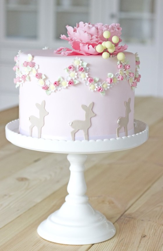 cake with peony topper, flower wreath and bambi by petite homemade